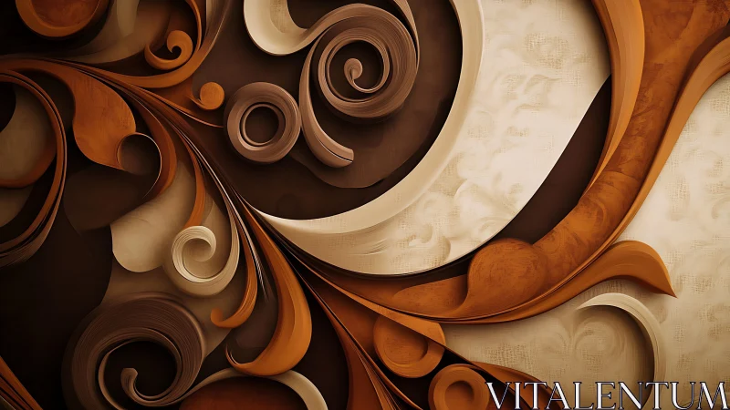 Layered brown abstract swirls with curved paper forms.