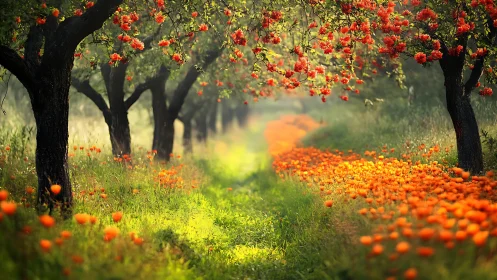 Orchard trees with orange blossoms bordering grassy path.