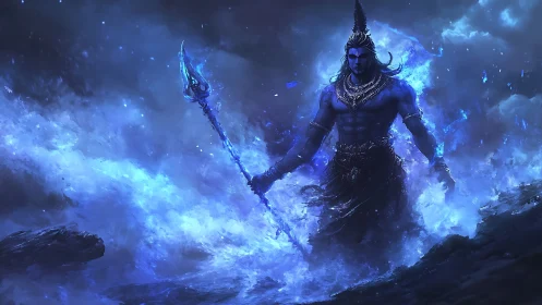 Stormforged god strides through cosmic sapphire surf.