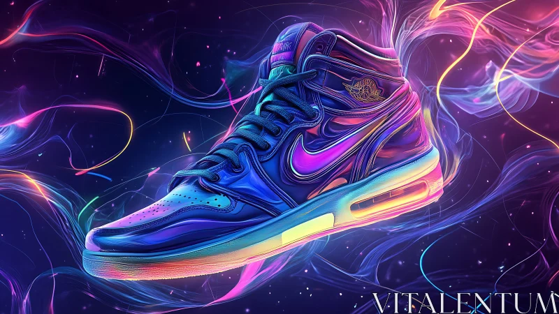 Neon gradient sneaker rendered with glossy surfaces and volumetric light
