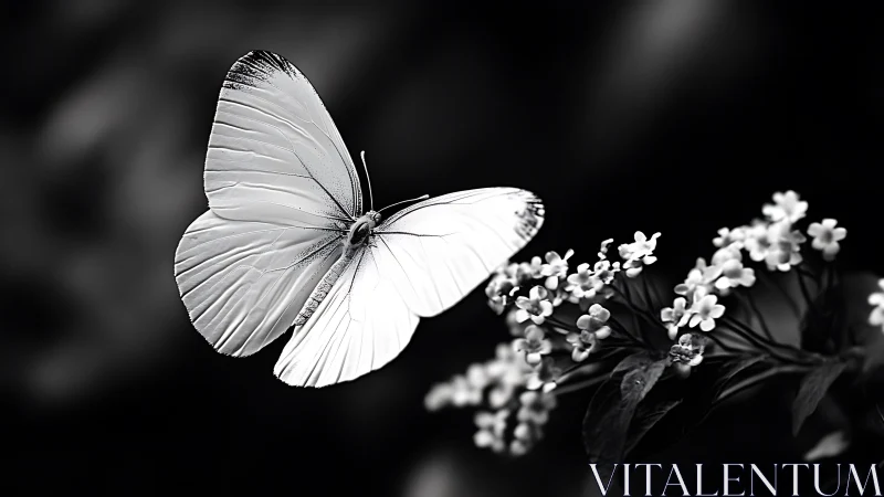 Monochrome butterfly hovers over delicate wildflower cluster.