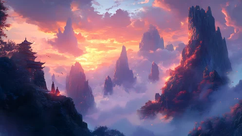 Sunrise over misty spires and tranquil mountain temple.