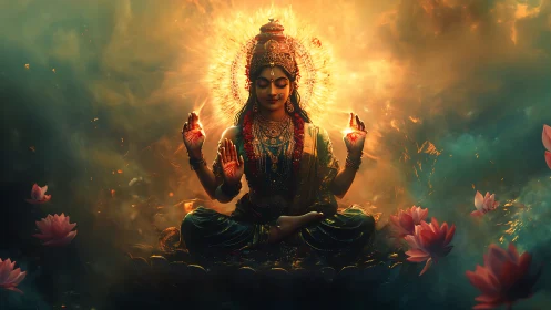 Divine goddess meditates amid radiant lotus fire halo