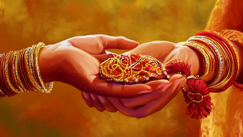 Indian Wedding Hands Exchanging Traditional Bridal Gift.
