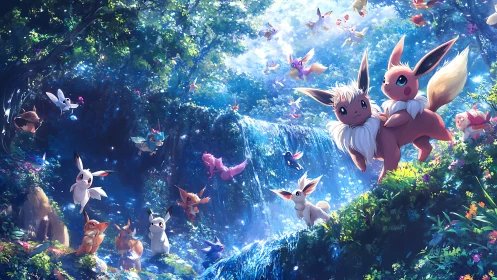 Luminous forest cascade with stylized fantasy creatures in motion.