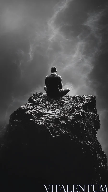 Solitary human figure seated on rugged cliff in grayscale.