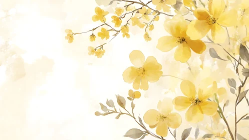 Yellow blossoms overlay soft watercolor background space