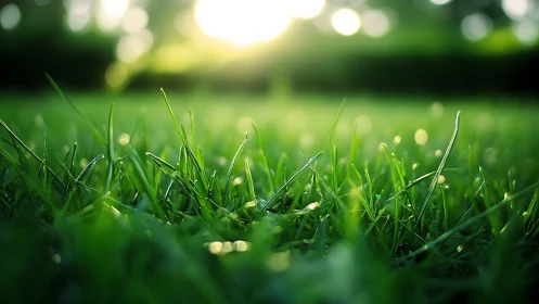 Close-up of Fresh Green Grass in Soft Morning Sunlight, Nature Focused.