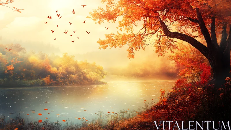 Riverlight drifts beneath a cascade of ember-bright leaves