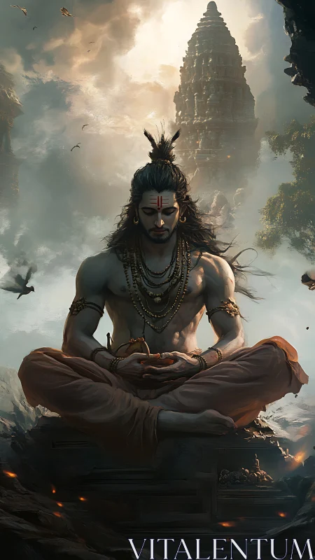 Meditating ascetic before misty temple spire in golden haze.