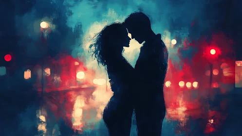 Urban Romance: Silhouetted Couple Amid Neon Lights.