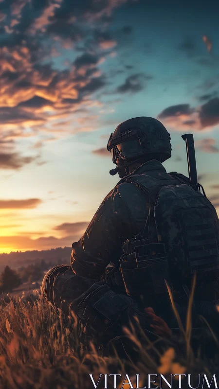 Soldier in tactical gear observing distant sunset horizon.