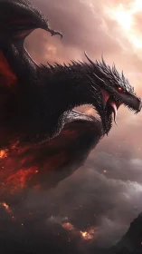 Majestic fire dragon soaring through stormy twilight skies.