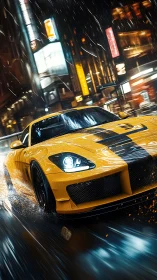 Yellow sports car racing through neon lit wet city street.