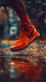 Dynamic orange running sneaker splashes through glowing rain.