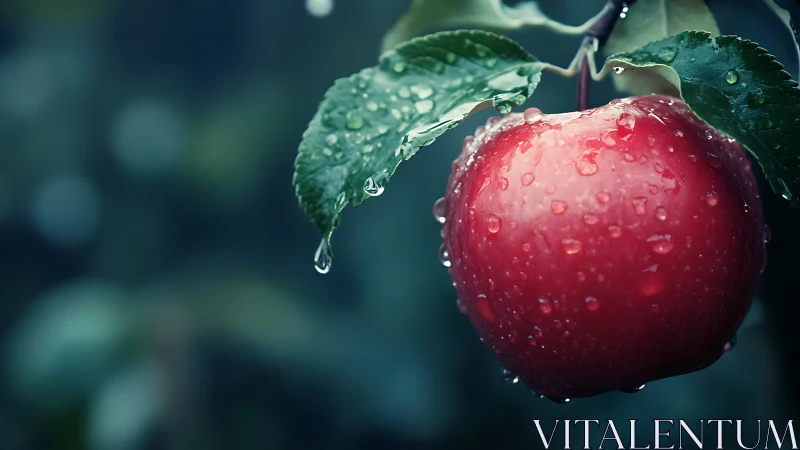 Red apple with water droplets hangs from wet green leaves