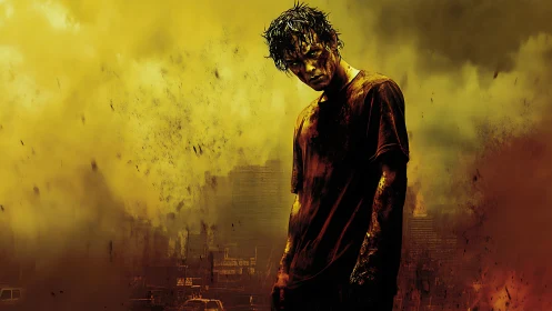 Contaminated survivor in toxic yellow urban fallout haze