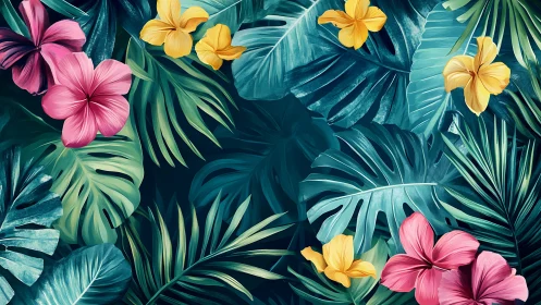 Tropical Blooms in Deep Teal Paradise.