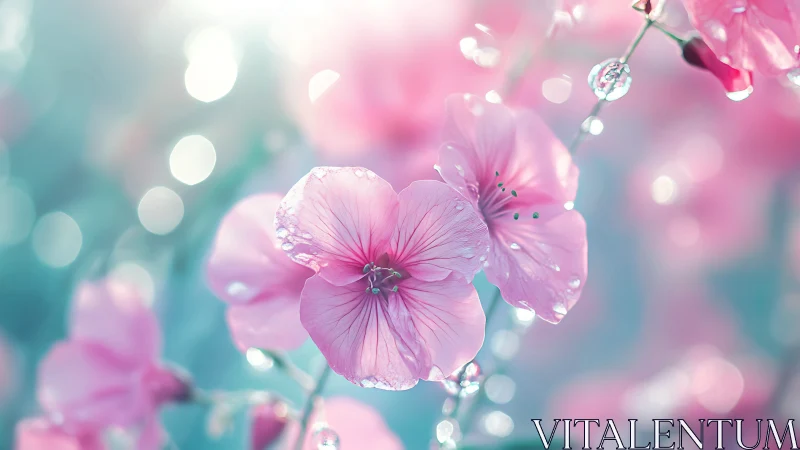 Pastel cherry blossoms with dewdrops in dreamy bokeh light.