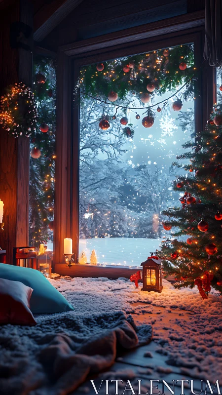 Interior window scene shows decorated tree and snowy landscape
