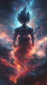 Cosmic warrior emerges from blazing nebula storm.