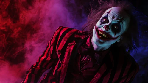 Sinister clown portrait under neon smoke lighting.