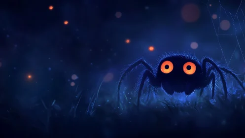 Glowing-eyed fuzzy spider explores a dreamy midnight meadow.