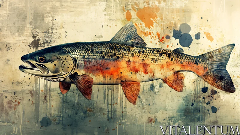 Vibrant trout illustration swims through grunge watercolor splashes