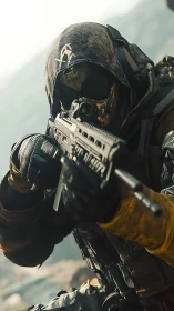 Masked soldier aims rifle while crouched in rugged terrain