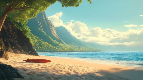 Tropical beach with surfboard, cliffs and calm blue ocean.
