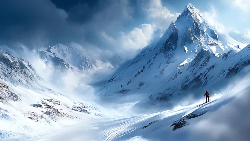 Solitary skier on expansive snow slope below high peaks.