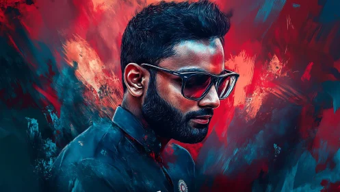 Digital portrait of man in sunglasses with abstract backdrop.