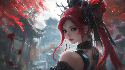 Red-haired warrior in ornate shrine garden, cinematic digital portrait
