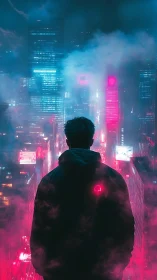 Silhouetted figure overlooking neon cyberpunk cityscape.