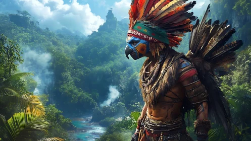Native-inspired bird-masked warrior stands before dense jungle
