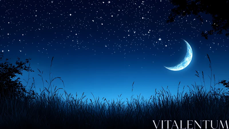Digital nightscape with crescent moon and silhouetted meadow.