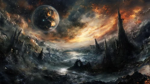 Destroyed alien landscape lies beneath burning fractured planet