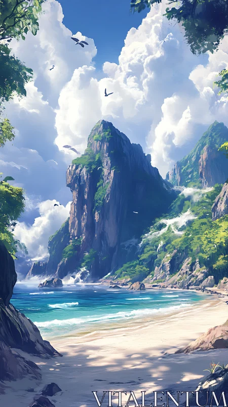 Towering Coastal Cliffs Over Turquoise Beach.