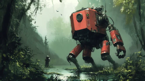 Gentle red forest mech wandering through misty green jungle.