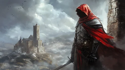 Hooded armored figure overlooking distant stone fortress.
