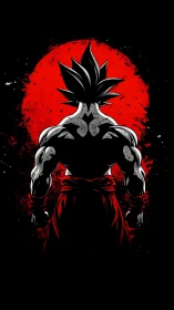 Powerful anime warrior stands bold before a blazing red moon