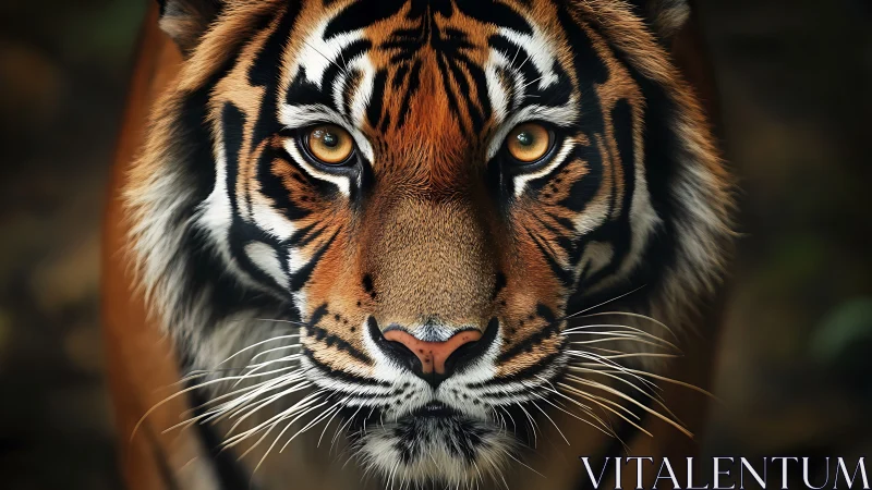 Close frontal view of a Bengal tiger in low forest light.