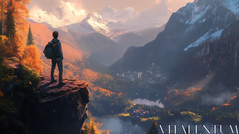 Backpacker overlooking autumn valley and snowcapped peaks.
