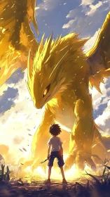 Sunlit boy faces thunder-winged dragon of burning dawn.
