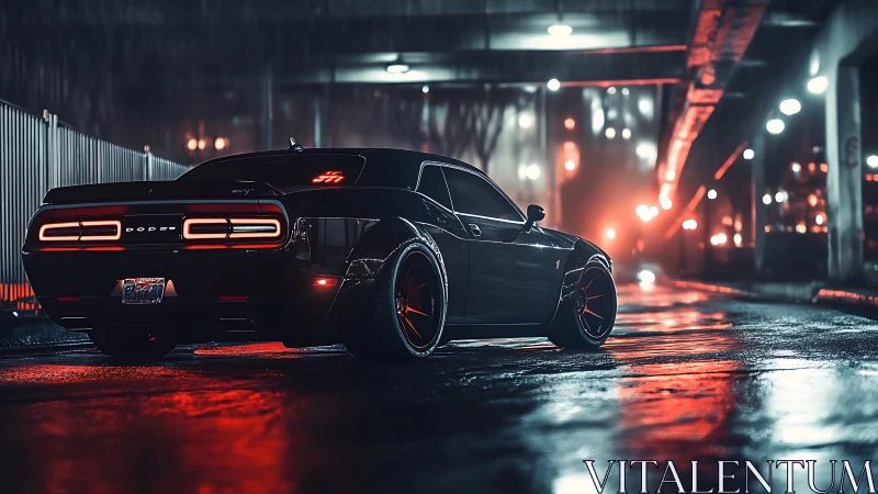 Widebody muscle car in neon-lit rainy urban underpass at night