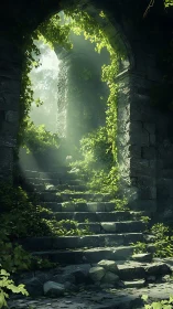 Sunlit stone stairway through ivy-covered ruined archway.