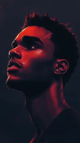 Red lit side profile portrait of young man looking up.