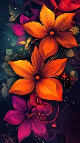 Digital illustration of stylized flowers with warm and cool tones.