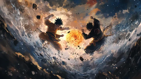 Dynamic anime duel within a vortex of elemental chaos.