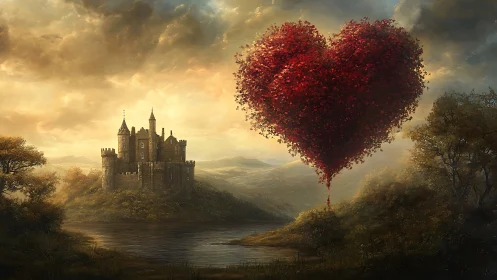 Castle landscape with floating red heart tree formation above water